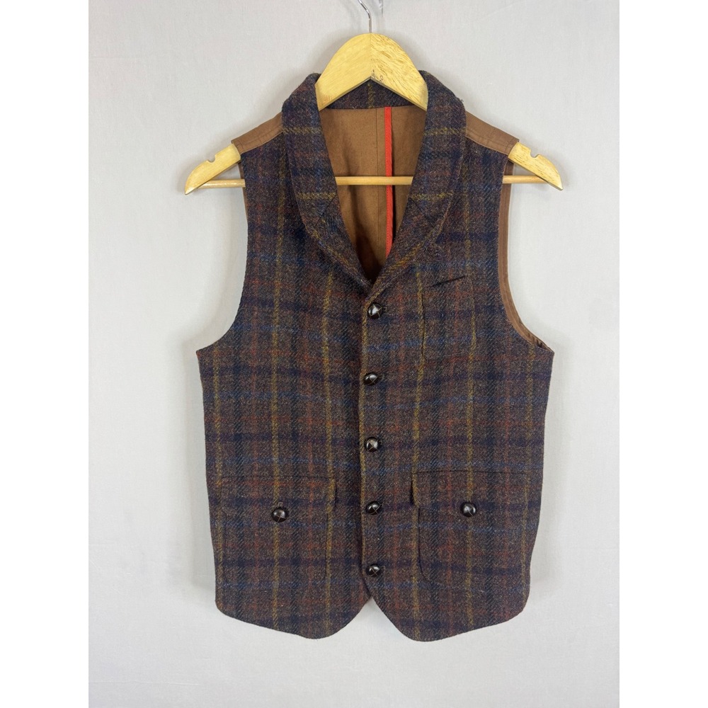 Le 31 Simons Harris Tweed Wool Plaid Vest Shawl Collar‎ Brown Blue 36REG